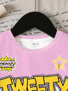 LOONEY TUNES X SHEIN Young Girl Casual Cute Colorblock Cartoon Print Round Neck Short Sleeve T-Shirt, Summer - White - View 4