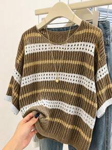 EMERY ROSE Plus-Size Round-Neck Knit Top With Contrast Stripes, Cutout & Crochet Details. Loose Fit, Versatile Fall - Brown - View 3