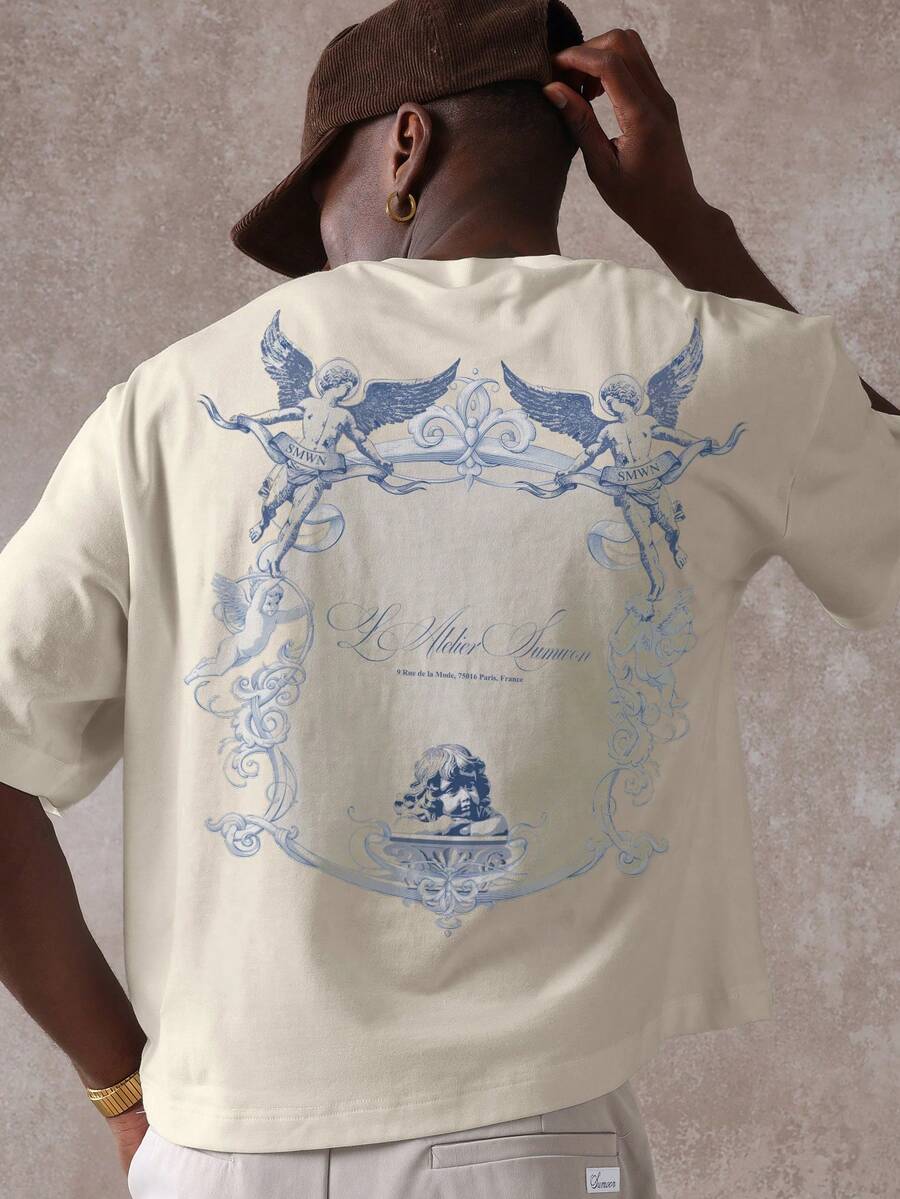 SUMWON Oversized Crop Fit Short Sleeve T-Shirt With Baroque Angel Cherub Back Print And Script Logo Front - Khaki - View 1