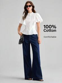 Ontre Women's White Comfortable Fabric Fitted Shirt Small Stand Collar Regular Shoulder Short Sleeve With Ruffle Cuff Patchwork Office Teachers' Day Summer - White - View 3