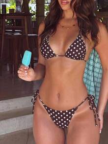 Lumalex 2件組圓點印花掛脖式後綁帶露背三角比基尼上衣 & 側綁繩比基尼泳褲，時尚性感海灘泳池水上運動女款夏季兩件式泳裝套裝 - 彩色 - 查看 2