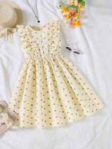 SHEIN Tween Girl Print Flutter Sleeve Dress, Back To School, Daily - Apricot - View 5