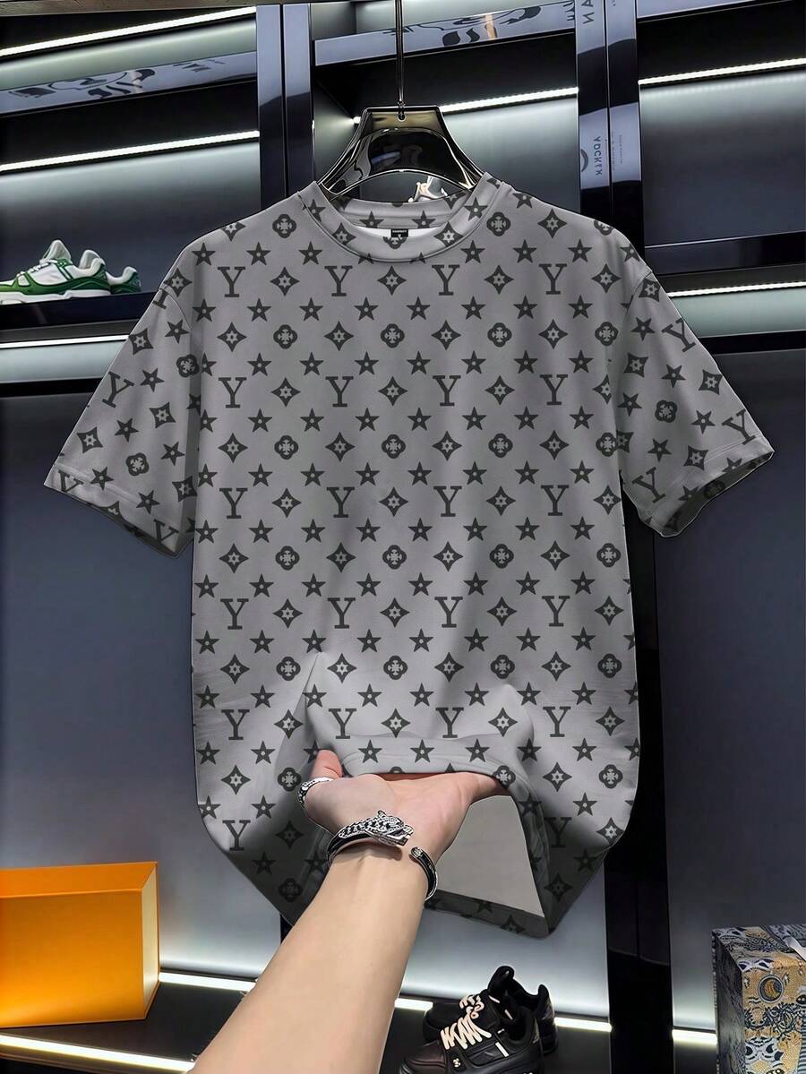 Manfinity Dauomo Men's Pentagram & Letter Print Round Neck Short Sleeve Casual Versatile T-Shirt - Multicolor - View 1