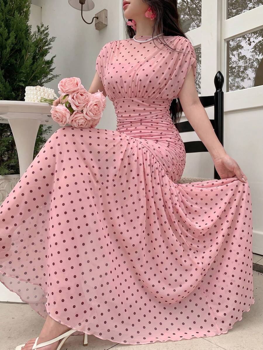 Modelyn 粉色薄紗波點壓褶優雅夏季度假法式風格婚禮女裝洋裝