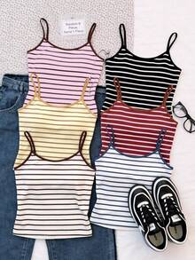 Blus Musim Panas Kasual Minimalis untuk Remaja Perempuan dengan Tali Bahu Tipis dan Motif Garis-garis Blok Warna Pink & Cokelat - MultiWarna - View 4
