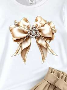 (Random 3 Pieces,Send 1 Piece)Girls Toddler Fresh Simple Cute Beige Gold Bow & Diamond Pattern Print Basic Short T-Shirt Summer Daily Outfit - Red - View 5