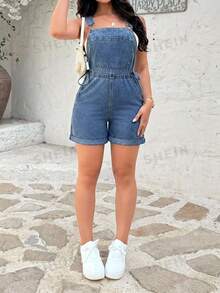 Rivivi Women's Fashion Washed Denim Side Drawstring Decor Overalls - Dark Wash - View 7