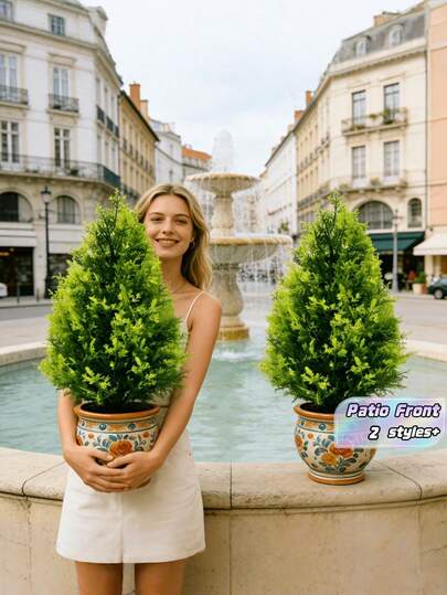 2 piezas de árbol de pino simulado, follaje artificial de aspecto natural, tronco y agujas verde intenso, para paisaje, jardín, puerta, patio trasero, terraza, centro de mesa, Pascua, Navidad, Día de la Madre, despedida de soltera, uso en todas las estaciones, sin maceta, actual
