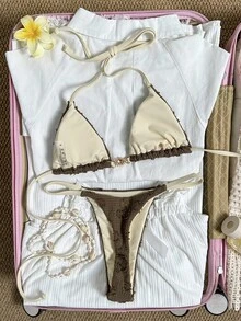 Swim Mod 女款 2026 春夏新款奶油黃提花紋理面料 V 領露背三角比基尼套裝，性感鉚釘褲，甜美海灘度假泳衣 - 卡其色 - 查看 2