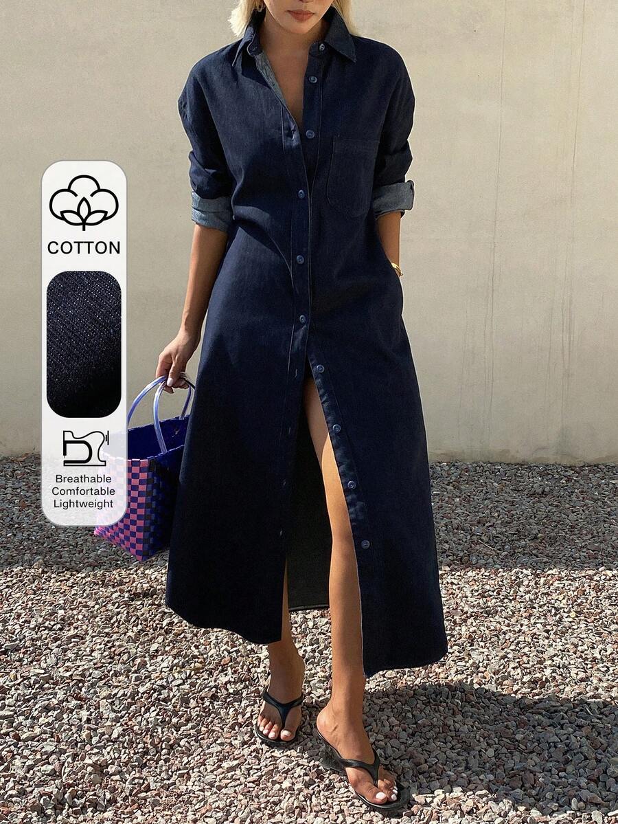 DAZY Women's Casual Washed Pocket Denim Shirt Dress, Spring/Summer - Dark Wash - View 1