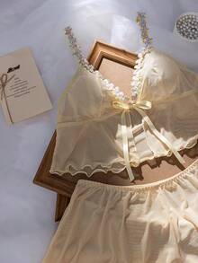 PetitDoll 2件組女款內衣套裝，花卉水溶性刺繡與透視網紗設計 - 黃色 - 查看 8