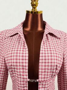 Mistrie Pure Cotton Button-Down Long-Sleeved Polo Shirt With Hollowed-Out Design And Fringed Sleeves In Pink Plaid Check Pattern. 2000s Y2k Night Out Autumn - Red - View 5
