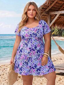 SHEIN CURVE+ 2026新款加大码女式短袖碎花泳装连衣裙吊带套装，适合夏季海滩度假 - 彩色 - 查看 7