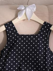 SHEIN Elladie kids 1件少女夏季新款露肩無袖背心上衣 波點印花 後背小V領設計 隱形拉鍊 3D可拆式大蝴蝶結 大下擺 側面抓皺 簡約百搭沙灘度假洋裝 - 黑色 - 查看 9