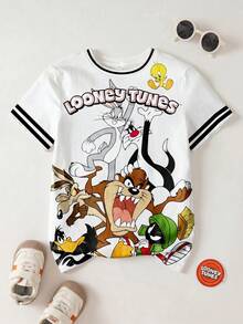 LOONEY TUNES X SHEIN 青少年男孩夏季休闲字母和卡通动物印花拼布条纹装饰 T 恤 - 白色 - 查看 1