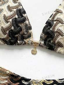 SHEIN Swim Chicsea 26SS 春夏度假海灘波西米亞風編織暖米色比基尼泳裝套裝 3 件組 2026 新款女裝泳衣，適合度假、約會、下午茶、西式風、郵輪、海灘、島嶼、公路旅行、四季、音樂節、波西米亞度假、波西米亞風度假、慵懶秋季、西式波西米亞、優雅女上衣 - 彩色 - 查看 3