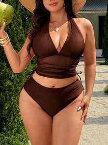 Swim Lushoire 2026 Spring/Summer New Solid Color Mesh Patchwork 2-Piece Swimsuit With Detachable Chest Pads, Halter Neck Bow Tie Straps, Sexy Deep V-Neck, Underbust Mesh Flattering Design, Side Drawstring, Low-Waist Triangle Bottoms, Casual Fashion Vacation Style Beach Swimwear - Brown - View 4