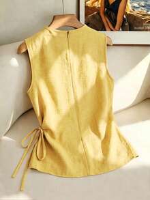 Franclia Damen Lässig Elegant Pendler Abend Formal Ärmellos Kunstleinen Textur Bindung Vorne Plissee Bluse Urlaub Buttergelb Sommer - Gelb - Übersicht 2