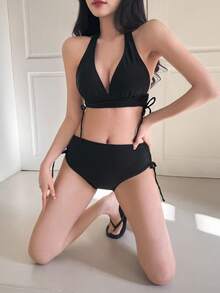 DAZY Ladies' Solid Color Halter Neck Bikini Set Summer Beach,Tankini Bathing Suit Vacation - Black - View 6