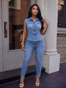 SHEIN SXY Women's Fashionable Denim Jacket, Suitable For Summer - Blue - View 8