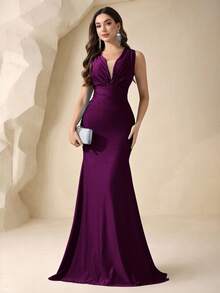 Coutiva Deep V Neck Ruched Fishtail Evening Gown,Women's High Waist Formal Party Dress,Elegant Heavy Embroidery Rhinestone Bridesmaid Dress - Purple - View 3