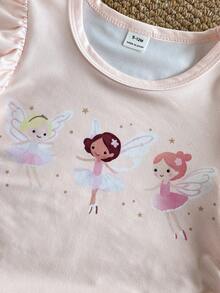 SHEIN Vintaside Kids 3套女嬰可愛粉色條紋波點花卉女孩圖案荷葉邊短袖柔軟T恤上衣與褲子套裝，日常春夏季 - 彩色 - 查看 5