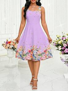 SHEIN Lady 女款優雅印花兩件套短夾克與寬肩帶洋裝，適合新娘母親、訂婚、婚禮，薰衣草色，夏季款 - 紫色 - 查看 5