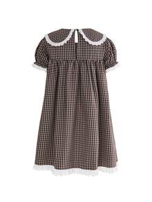 Sweetness Damen Kurzarm Peter-Pan-Kragen Schleife Karomuster Minikleid - Braun - Übersicht 2