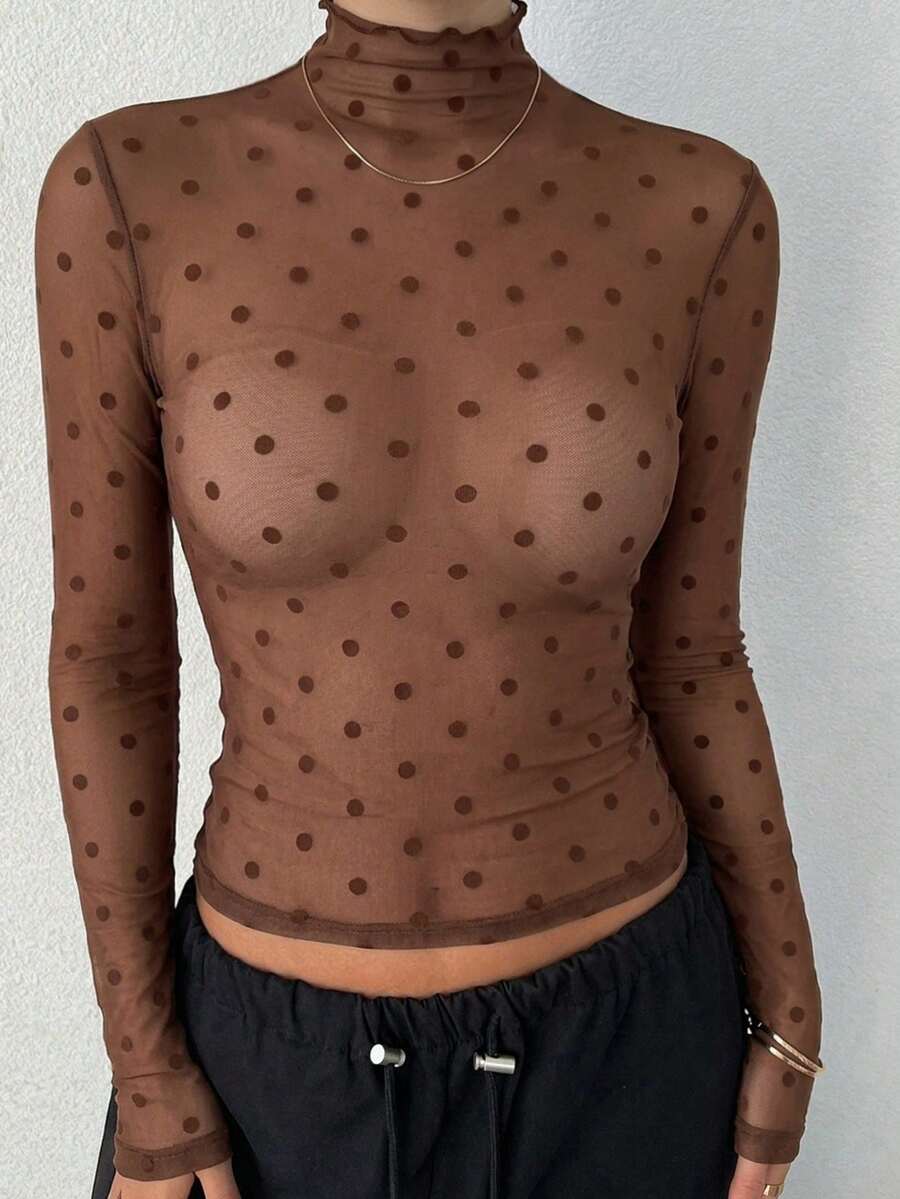 DAZY 女款立領波點修身透視休閒上衣 - 咖啡棕 - 查看 1