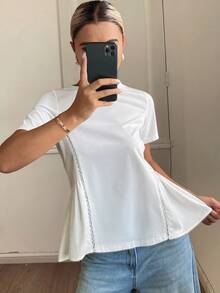 DAZY Women's Summer Round Neck Short Sleeve Waist-Defining Lace Patchwork Urban Simple Elegant Casual T-Shirt Brunch White - White - View 3
