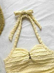 SHEIN 青少年女孩夏季棕色系紋理針織布料休閒熱帶海灘度假抽褶掛脖上衣與短褲2件套 - 黃色 - 查看 4