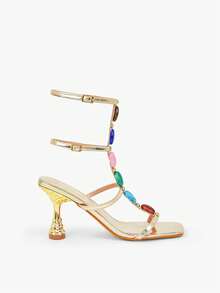 Glitzique Sexy & Fashionable Gold Color High Heel Square-Toe Sandals Jewel-Decorated Roman Sandals With Kitten Heels,Spring Summer Outfits - Gold - View 7
