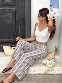 Serisse Women's Striped Casual Versatile Daily Outing Wide Leg Long Pants - Brown - View 8