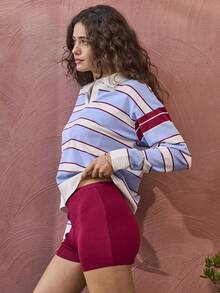 Aralina Colorblock Striped Sweater Knit Shorts Sports Set - Baby Blue - View 12