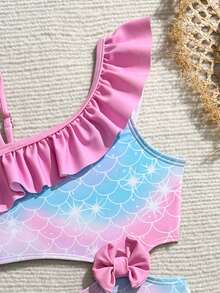 SHEIN Young Girl Fish Scale Print Colorblock Bow Decor One-Piece Swimsuit, Suitable For Beach Vacation, Pool Party, Beach Party - Pink - View 3