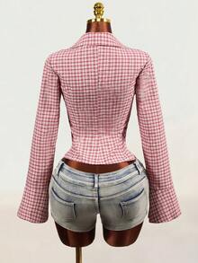 Mistrie Pure Cotton Button-Down Long-Sleeved Polo Shirt With Hollowed-Out Design And Fringed Sleeves In Pink Plaid Check Pattern. 2000s Y2k Night Out Autumn - Red - View 6