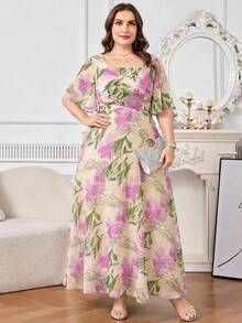 Reflora Plus Size Women's Floral Print Square Neck Ruffle Short Sleeve Elegant Dress - Multicolor - View 6