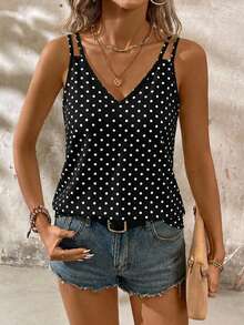 EMERY ROSE Casual Simple Black Polka Dot Pattern Plus Size Women's Camisole Tank Top Suitable For Summer - Black - View 2
