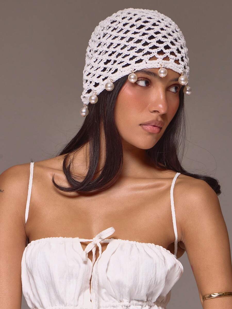 MUSERA Crochet Pearl Beaded Cap Spring Summer Vacation Sexy Holiday Accessory Festival Ibiza Roja Del Sol - White - View 1