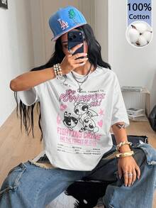Coolane THE POWERPUFF GIRLS X SHEIN 100%純棉女款白色與粉色圖案圓領寬鬆短袖T恤，可愛休閒街頭風，籃球、西部、節慶、校園夏季穿搭 - 白色 - 查看 7