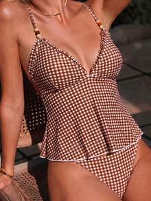 Swim Mod 女款夏季海灘度假荷葉邊飾珠飾裝飾分體式比基尼套裝 - 棕色 - 查看 3