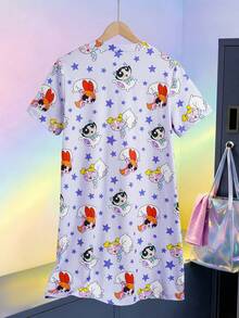 THE POWERPUFF GIRLS X SHEIN 女士V领前开襟纽扣休闲短袖睡裙，春夏款 - 紫色 - 查看 2
