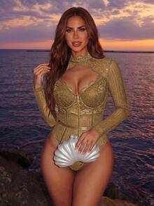 Allurite Women's Lace Patchwork Hollow Out Bodysuit - Camel - View 6