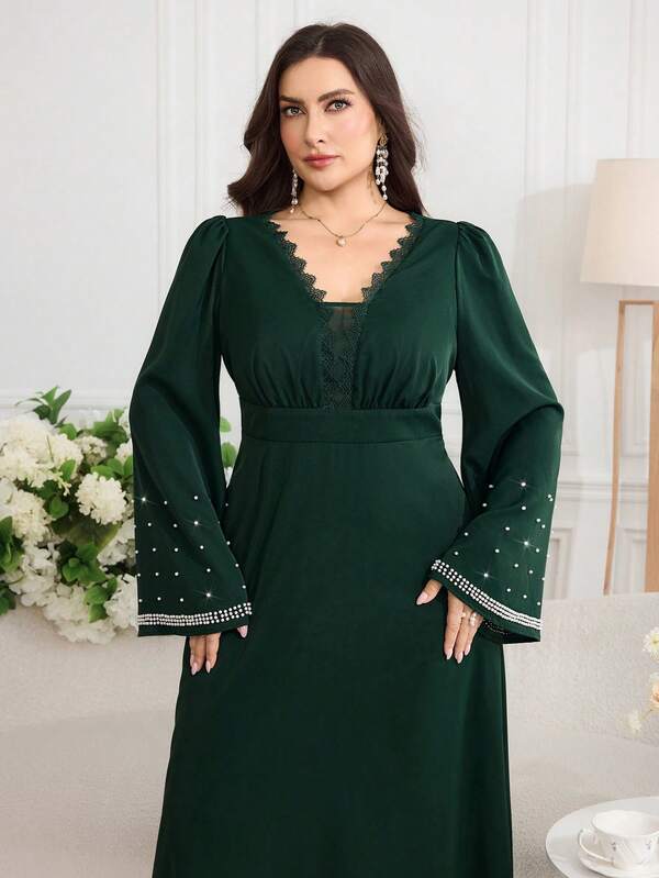 Modelyn Plus Size Women's Spliced Lace V-Neck Faux Pearl Decor Long Sleeve Elegant Dress