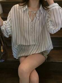 DAZY Women's Striped Elegant Spring/Summer Airy Versatile Long Sleeve Shirt - Apricot - View 11