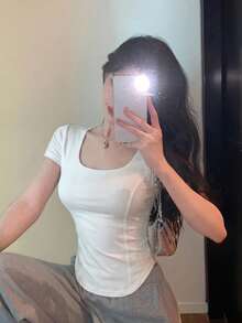 DAZY 女款圓領休閒素色修身T恤 - 白色 - 查看 3