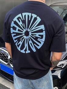 DAZY 男士圓領幾何印花休閒百搭日常旅行短袖T恤圖案上衣夏季 - 藏蓝色 - 查看 8