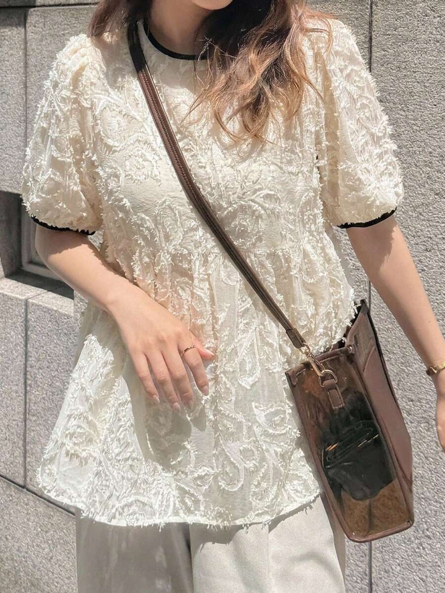 FRIFUL 女款蕾絲飾邊休閒百搭日常出遊襯衫 夏季可愛上衣 - 杏色 - 查看 1