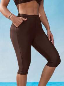 SHEIN Swim 女款純色口袋七分長泳褲，適合夏季度假與海灘 - 棕色 - 查看 3