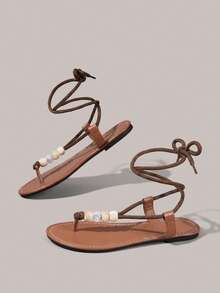Styleloop Sandal Datar Wanita, Gaya Bohemian, Liburan Pantai, Gaya Barat, Pakaian Musim Panas, Perlengkapan Perjalanan - Coklat + manik-manik - View 3